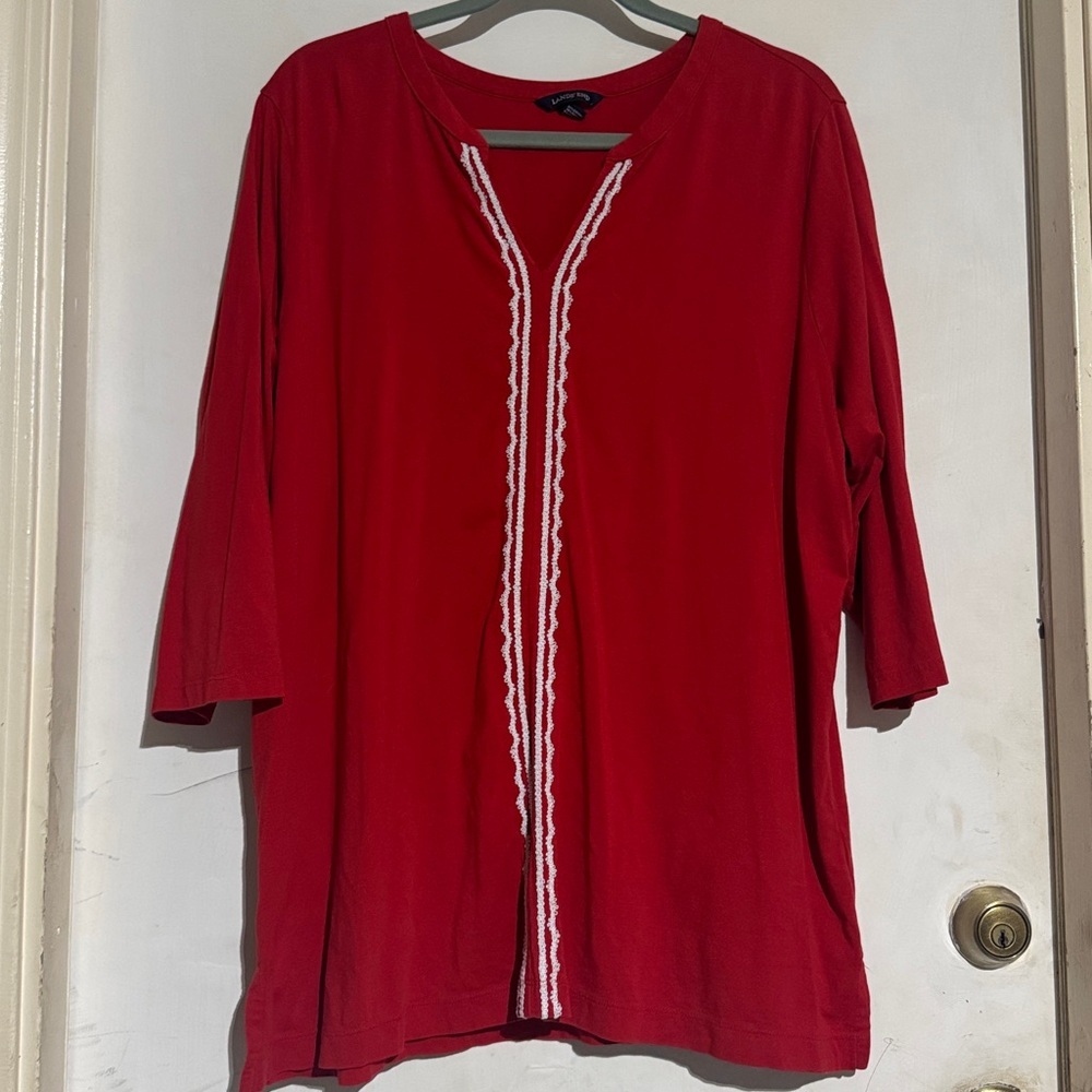 Lands End Vibrant Red Tunic Top with White Lace Accent 3/4 sleeves  2x 20w-22w